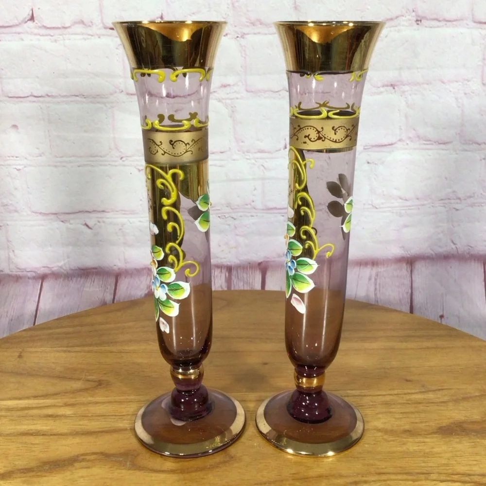Vintage Norcrest Purple Amethyst Hand Painted Glass Vase Pair